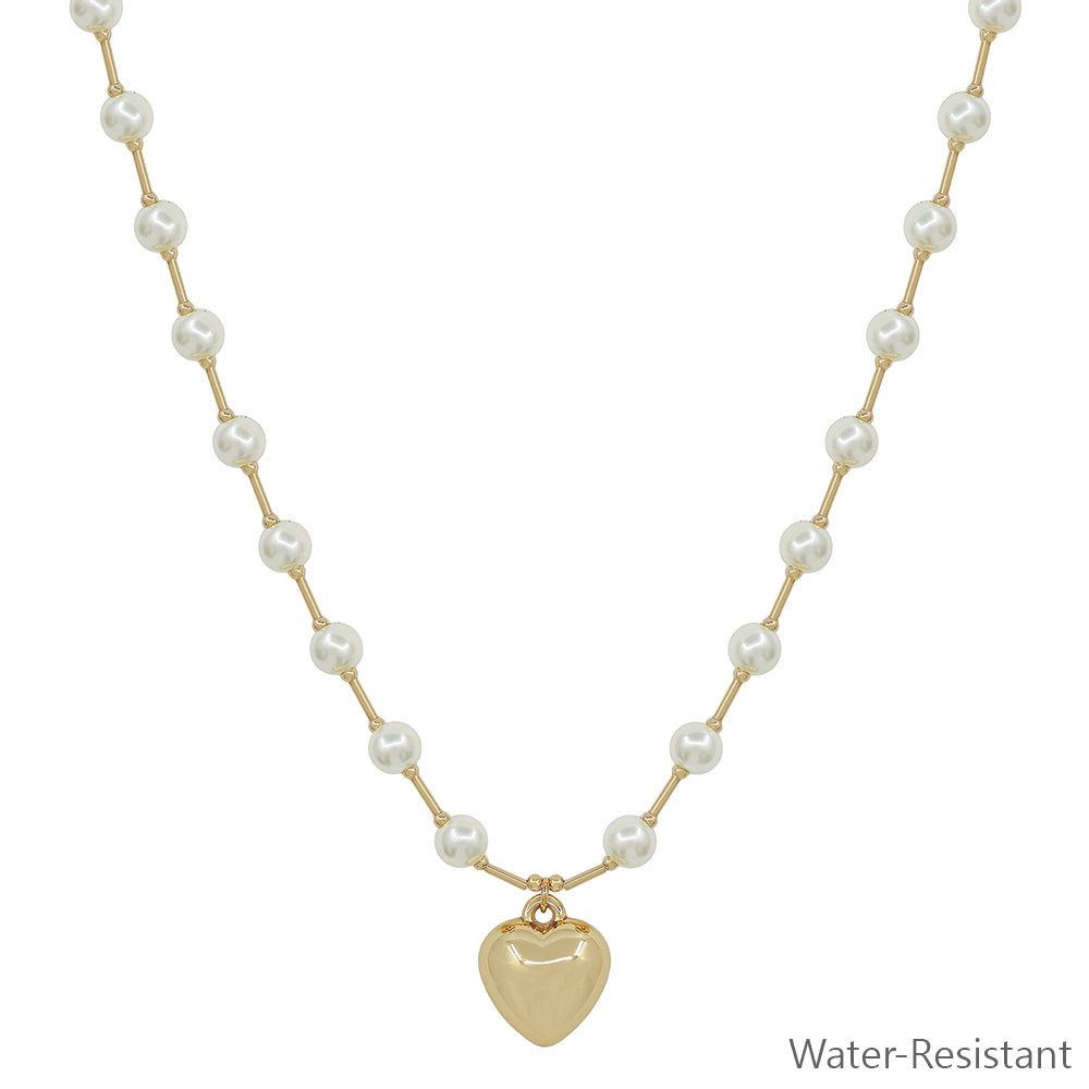 Water Resistant 6MM Pearl Beaded Chain with Puffy Heart 16"-18" Necklace