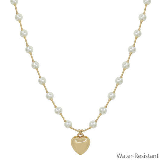 Water Resistant 6MM Pearl Beaded Chain with Puffy Heart 16"-18" Necklace