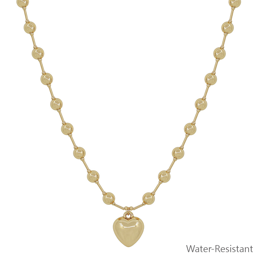 Water Resistant 6MM Beaded Chain with Puffy Heart 16"-18" Necklace