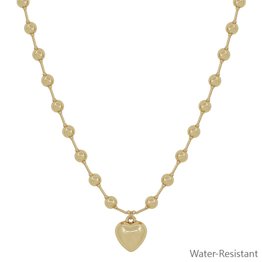 Water Resistant 6MM Beaded Chain with Puffy Heart 16"-18" Necklace