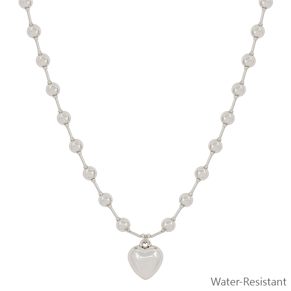 Water Resistant 6MM Silver Beaded Chain with Puffy Heart 16"-18" Necklace