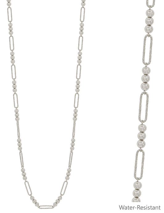 Water Resistant Silver Beaded and Open Oval Chain 34" Necklace