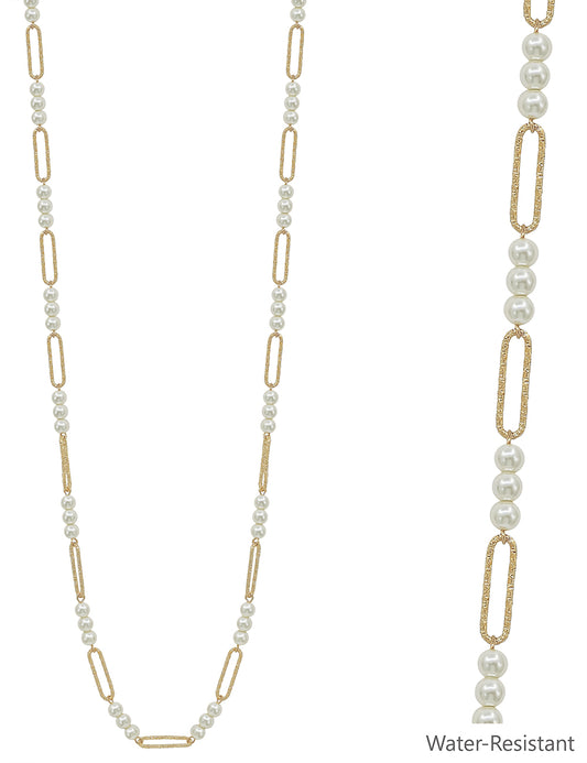 Water Resistant Pearl Beaded and Open Oval Chain 34" Necklace