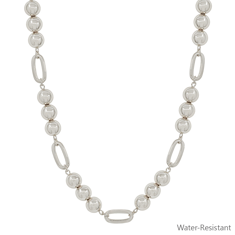 Water Resistant Silver Beaded 10MM Beaded and Open Oval 16"-18" Necklace