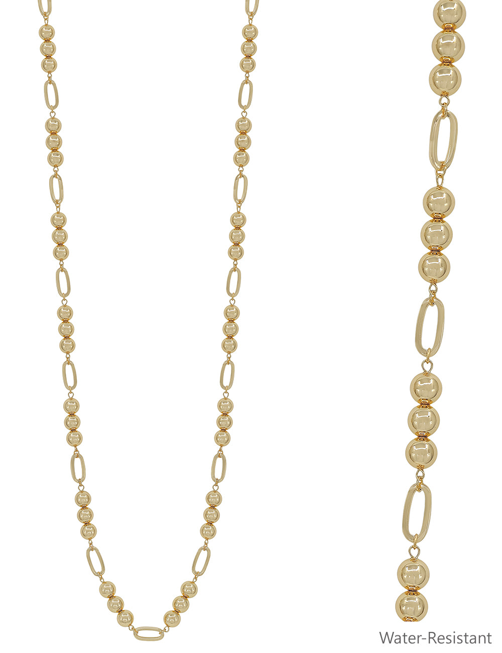Water Resistant Gold Beaded 10MM Beaded and Open Oval 34" Necklace