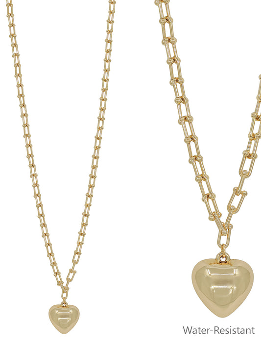Water Resistant Gold 34" Chain with Puffy Heart Drop