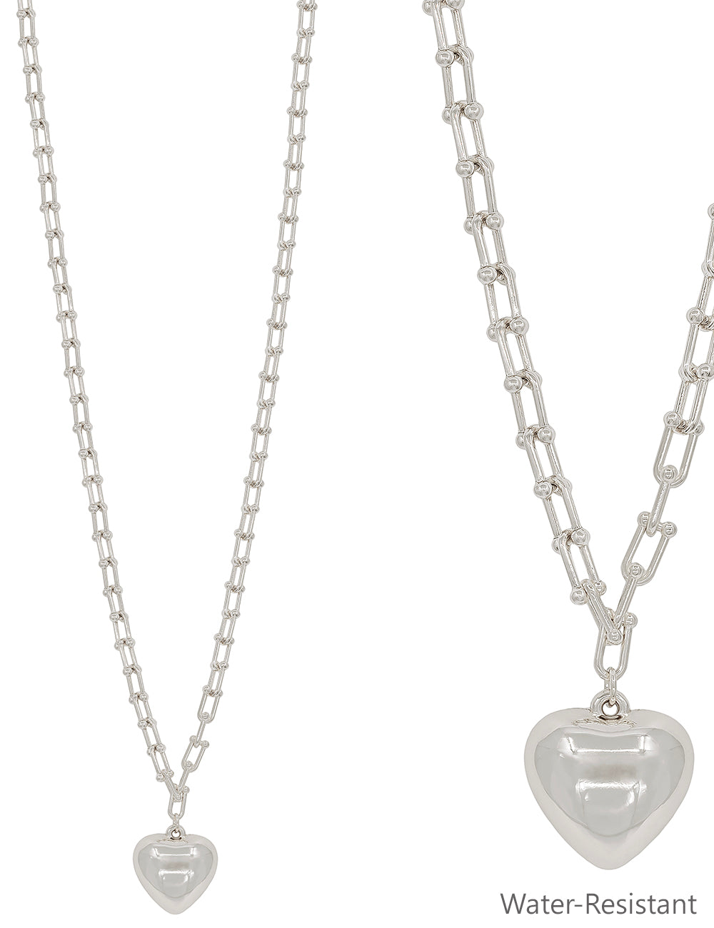Water Resistant Silver 34" Chain with Puffy Heart Drop