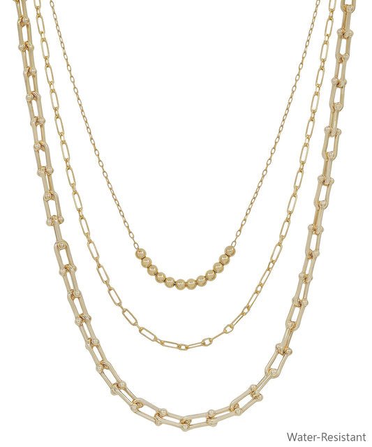 Water Resistant Gold Triple Layered Beaded and Gold Chain 16"-18" Necklace
