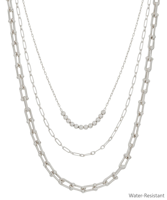 Water Resistant Silver Triple Layered Beaded and Gold Chain 16"-18" Necklace