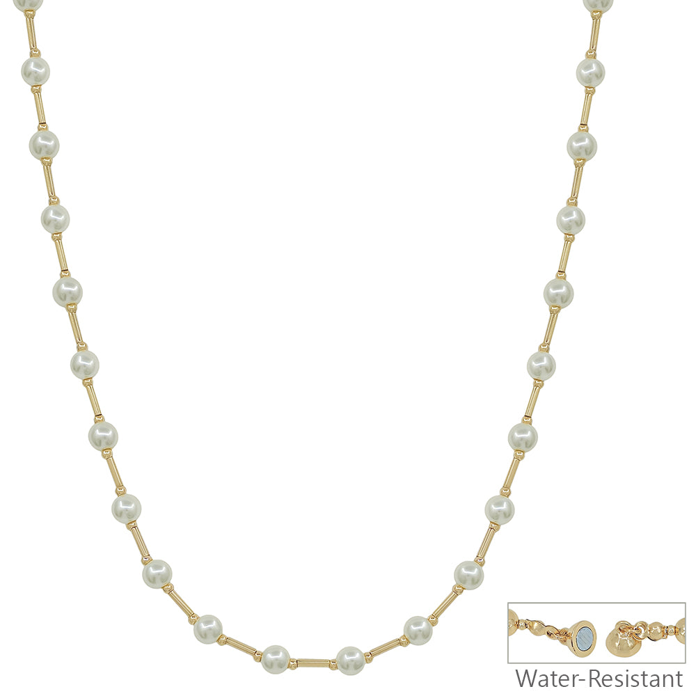 Water Resistant 5MM Pearl Beaded with Gold Bars 18" Necklace