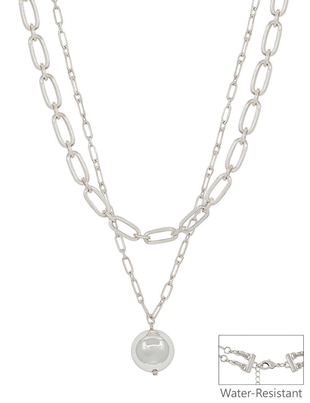 Water resistant Silver Layered Open Chain with 20MM Beaded Drop 16"-18" Necklace