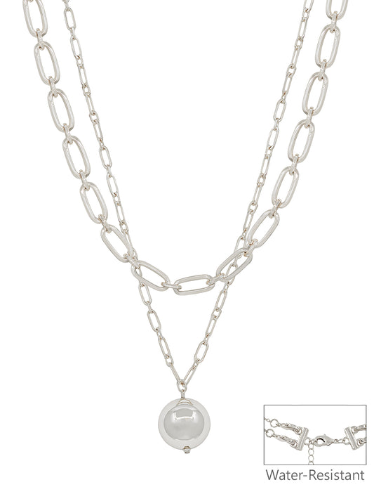 Water resistant Silver Layered Open Chain with 20MM Beaded Drop 16"-18" Necklace