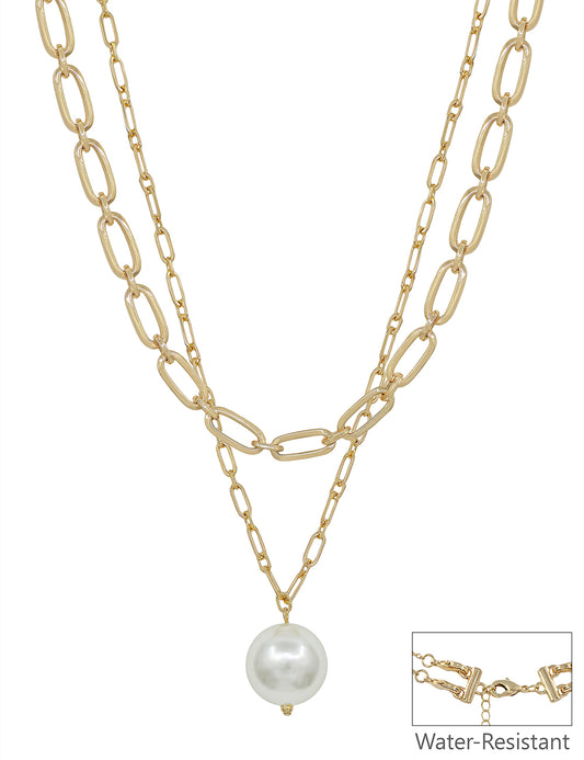 Water resistant Gold Layered Open Chain with 20MM Beaded Pearl Drop 16"-18" Necklace