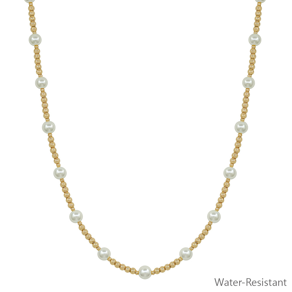 Water Resistant 3MM Gold Bead with 6MM Pearl Beaded 16"-18" Necklace