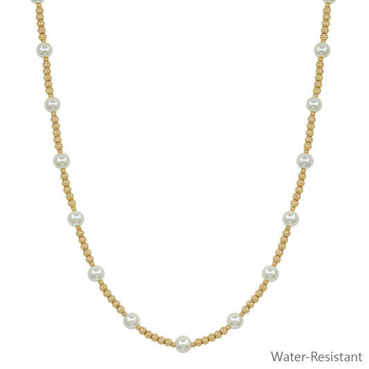Water Resistant 3MM Gold Bead with 6MM Pearl Beaded 16"-18" Necklace