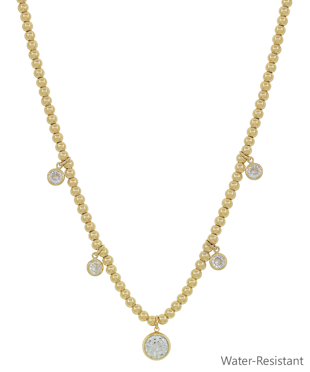 Water Resistant Gold Beaded with Graduated Crystal Circle Charms 16"-18" Necklace