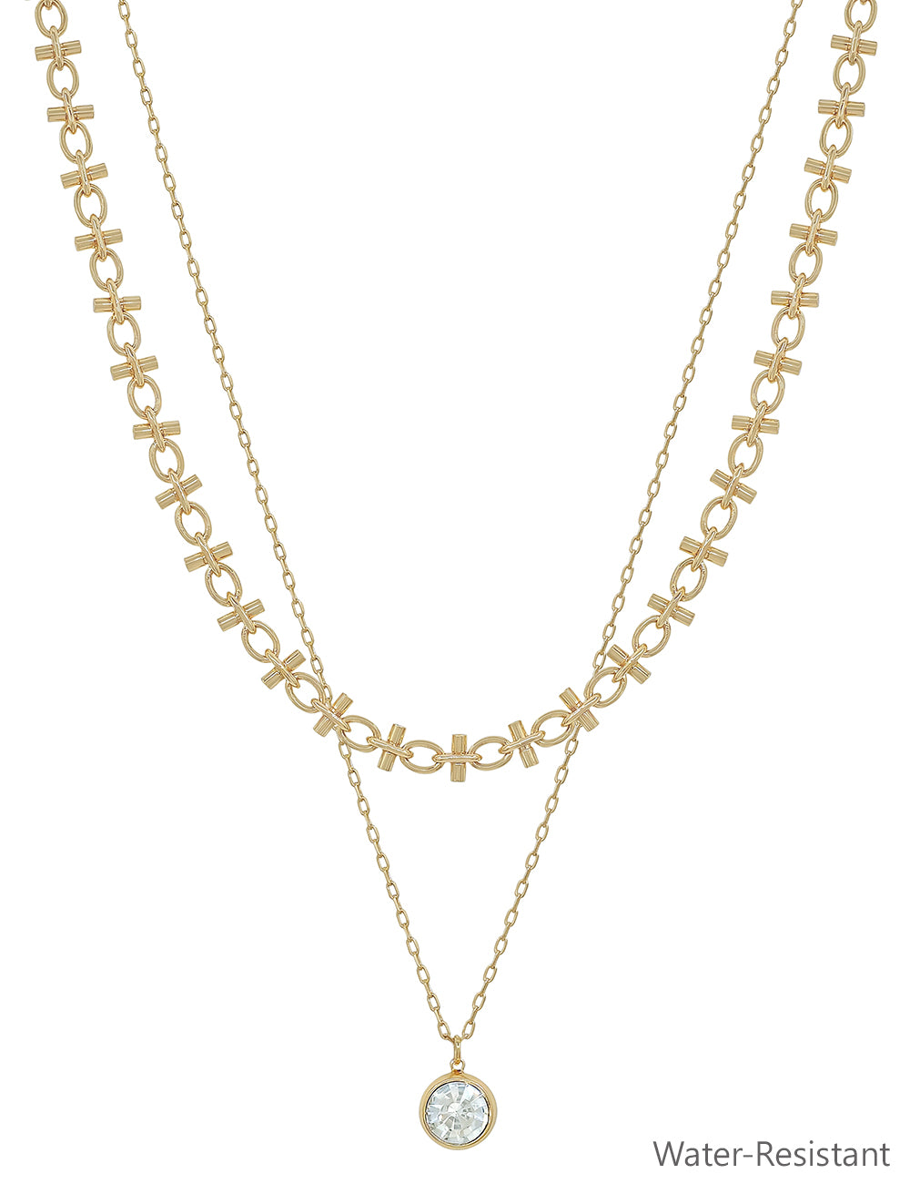 Water Resistant Layered Chain with Crystal Circle Charms 16"-18" Necklace