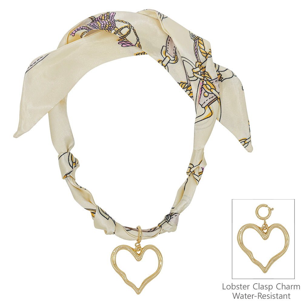 Cream/Neutral Knotted Scarf Necklace with Hammered 1.5" Open Heart Charm,  VERY POPULAR!