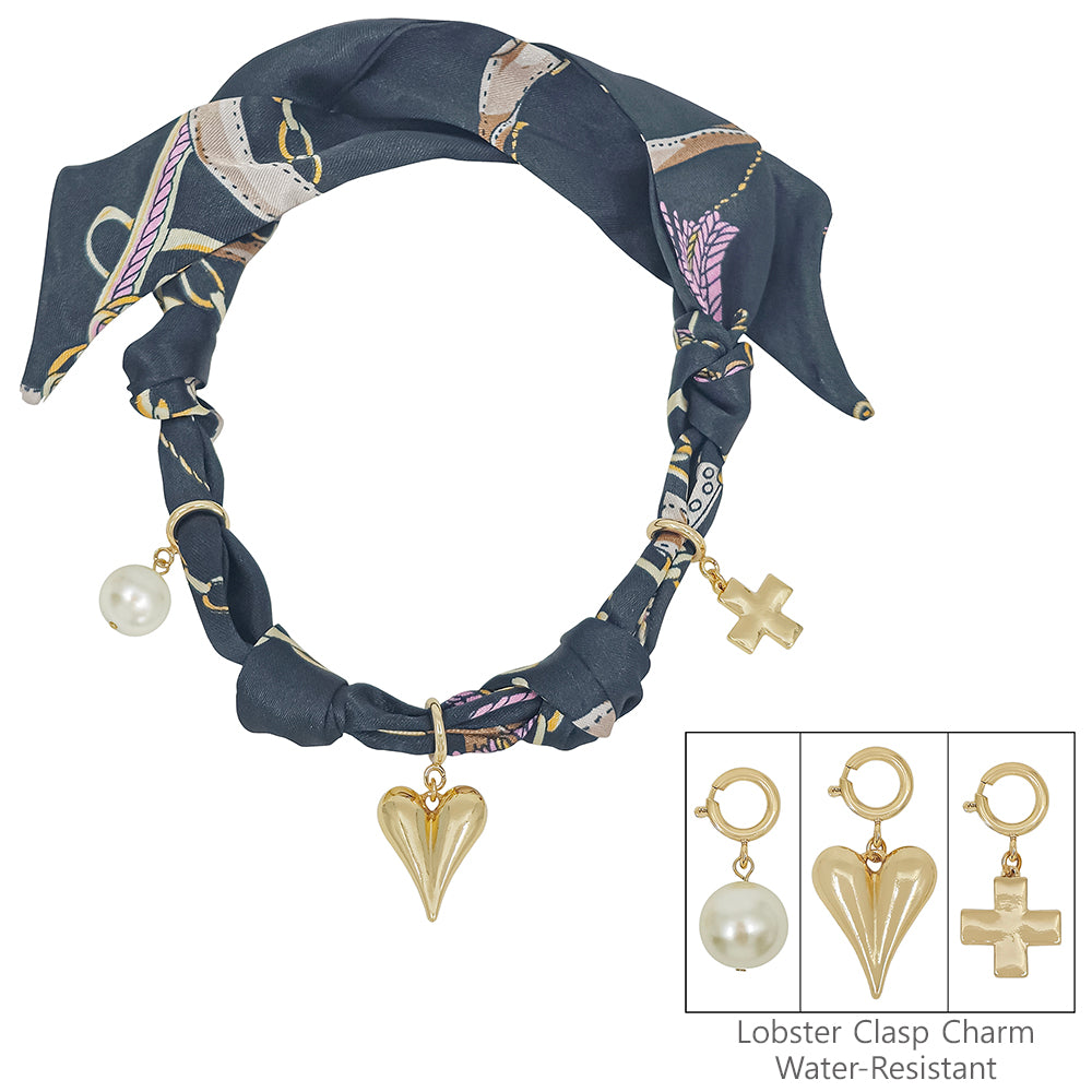 Black Knotted Scarf Necklace with Puffy Heart,Open Cross, and Bow Charm, VERY POPULAR!