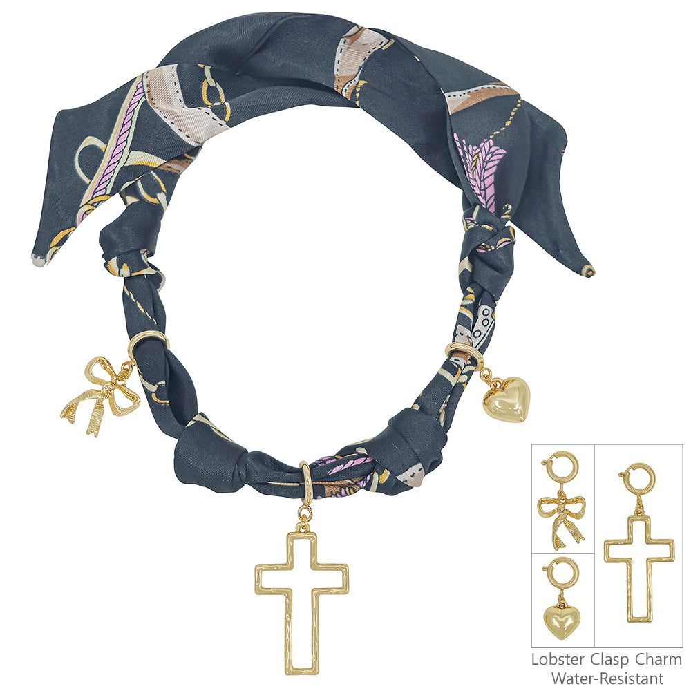 Black Knotted Scarf Necklace with Heart, Cross, and Pearl Charm, VERY POPULAR!