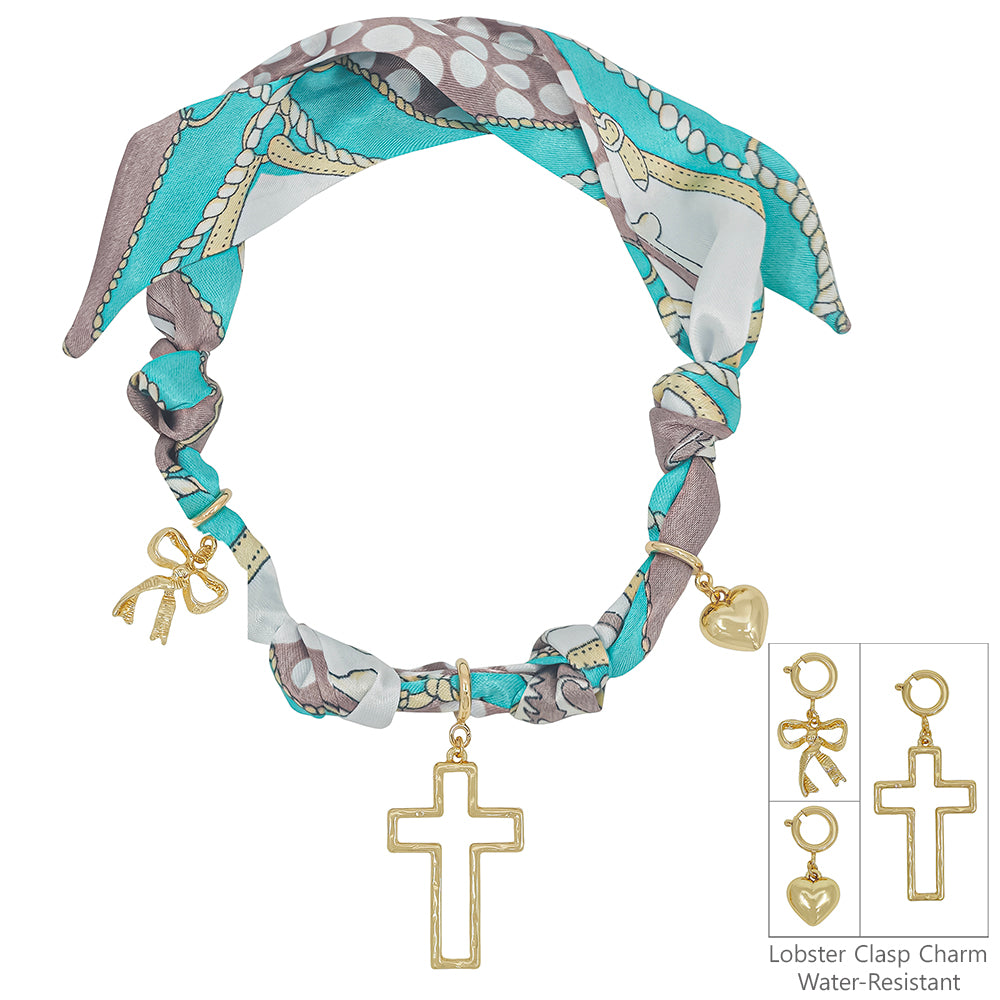 Blue/White Knotted Scarf Necklace with Heart, Cross, and Pearl Charm, VERY POPULAR!