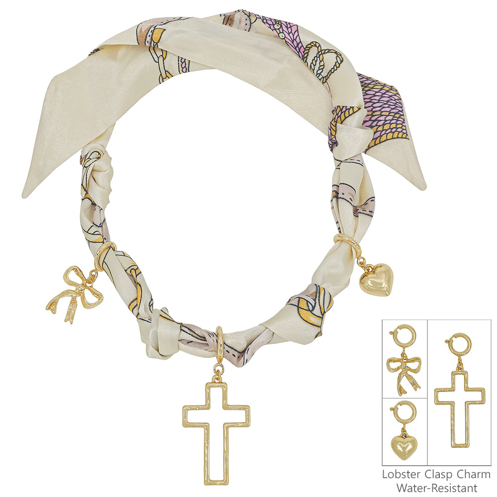 Cream/Natural Knotted Scarf Necklace with Heart, Cross, and Pearl Charm, VERY POPULAR!