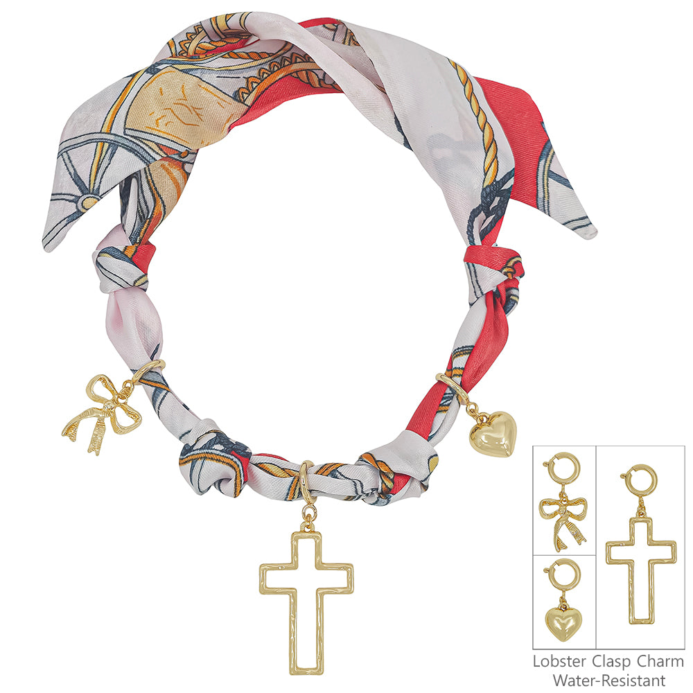 Red/White Knotted Scarf Necklace with Heart, Cross, and Pearl Charm, VERY POPULAR!