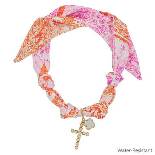 Pink and Orange Scarf Necklace with Cross and Pearlized Clover Charm