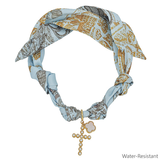 Natural Blue/Creams Scarf Necklace with Cross and Pearlized Clover Charm