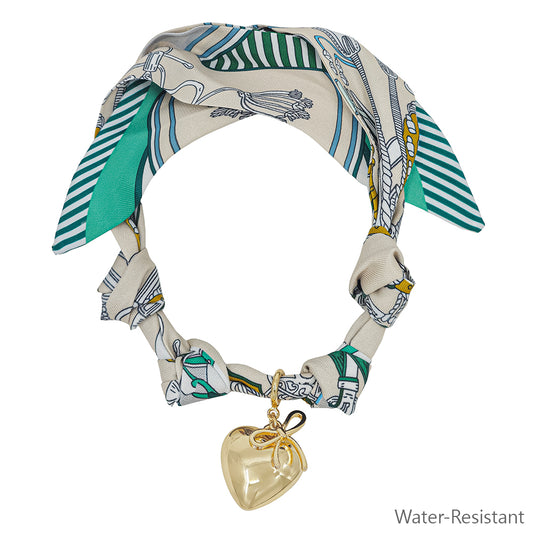 Beige and Turquoise Scarf Necklace with Puffy Heart and Bow Charms