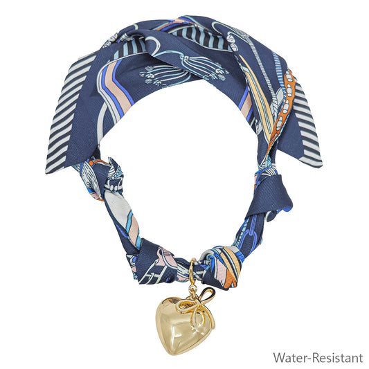 Beige and Navy Scarf Necklace with Puffy Heart and Bow Charms