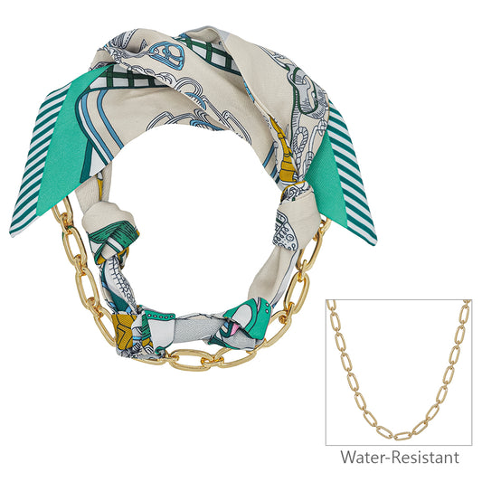 Cream and Turquoise Knotted Scarf Necklace with Gold Chain (Multi Function, Chain Removable)