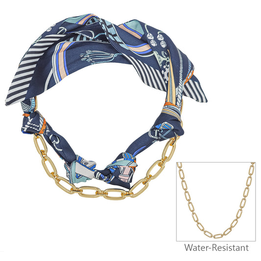 Navy Knotted Scarf Necklace with Gold Chain (Multi Function, Chain Removable)