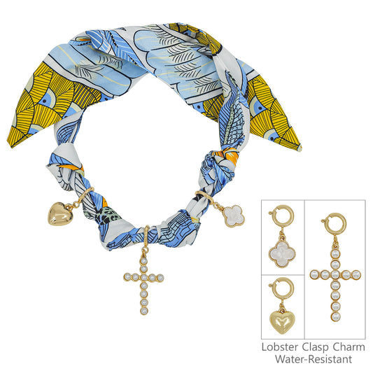 Blues, Yellow, and White Knotted Scarf Necklace with Pearl Cross, Puffy Heart, and Clover Charms