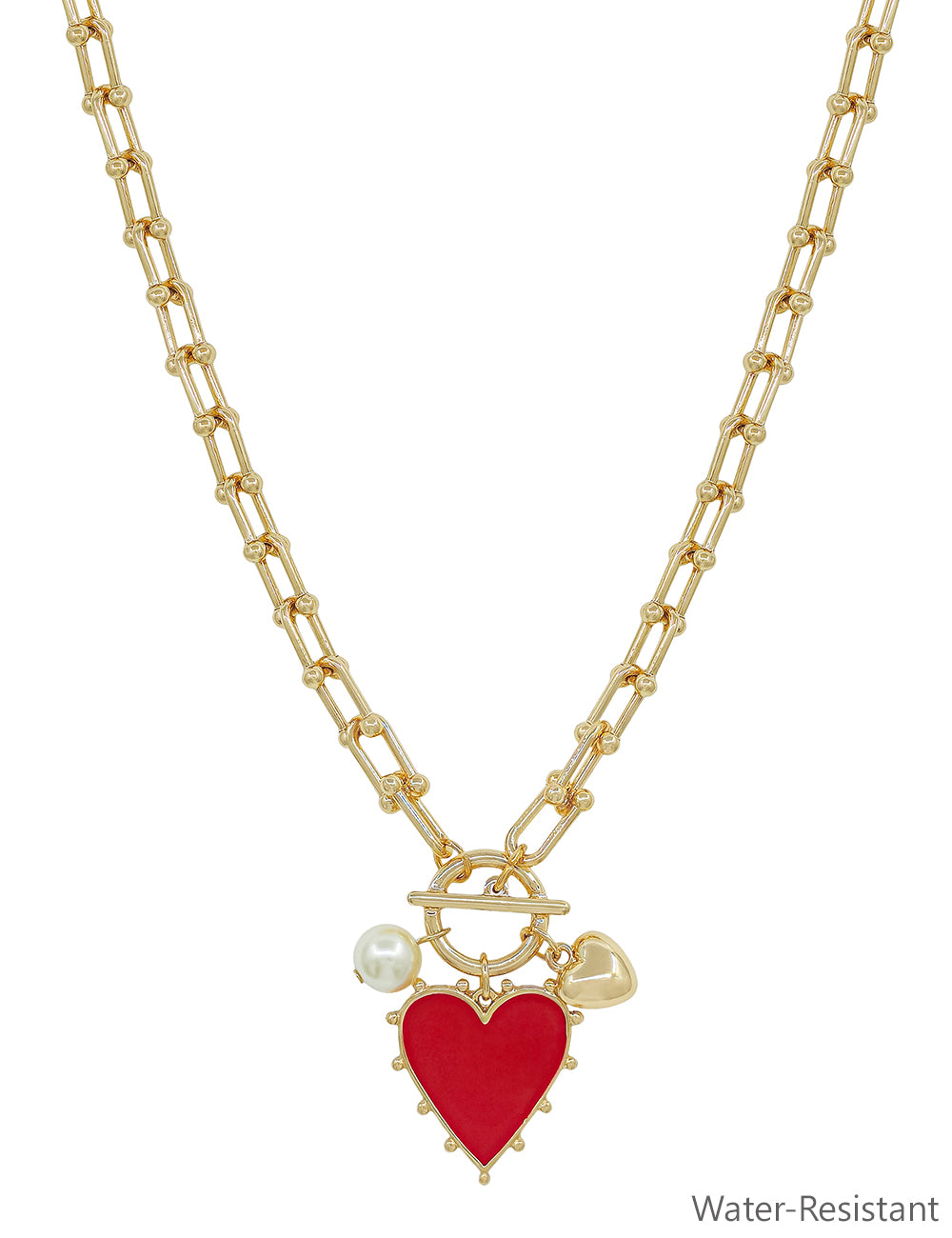 Water resistant Gold Chain Necklace with Red Studded Heart Charm 16"-18" Necklace