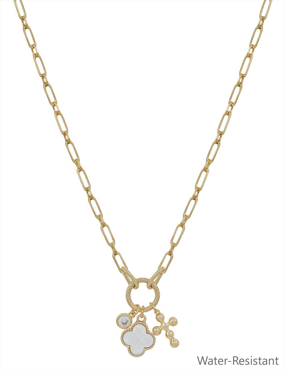 Gold Chain with Clover, Crystal, Cross Charms 16"-18" Necklace