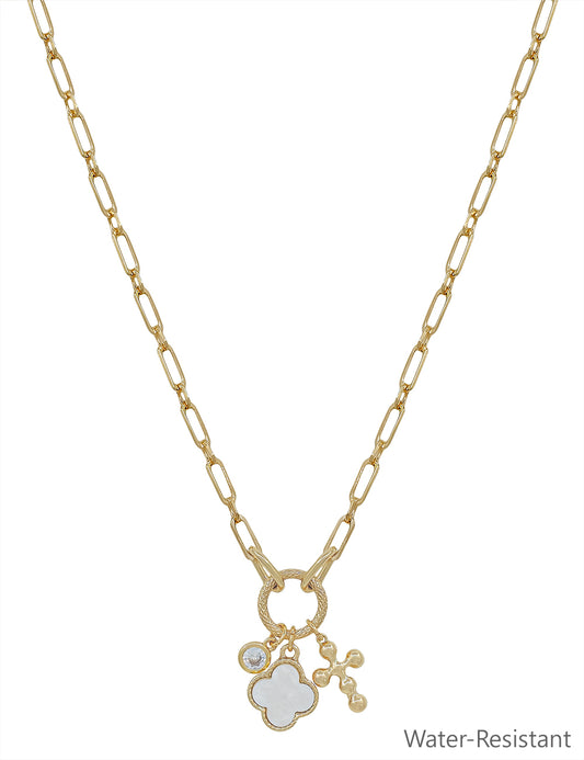 Gold Chain with Clover, Crystal, Cross Charms 16"-18" Necklace