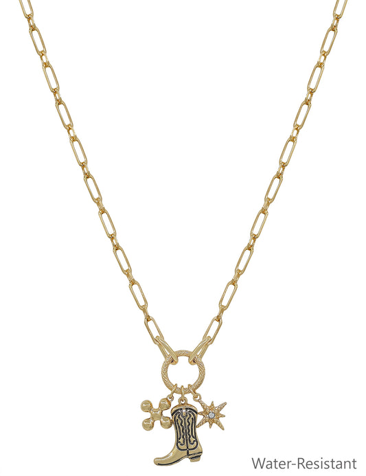 Gold Chain with Cowboy Boots, Cross Charms 16"-18" Necklace