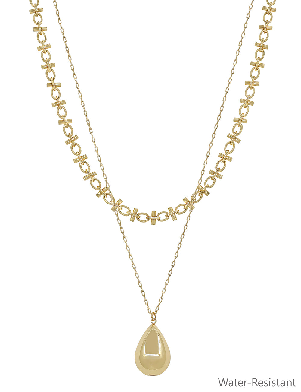 Water Resistant Layered Gold Chain with 20MM Beaded Teardrop Charm 16"-18" Necklace