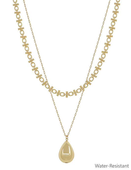 Water Resistant Layered Gold Chain with 20MM Beaded Teardrop Charm 16"-18" Necklace