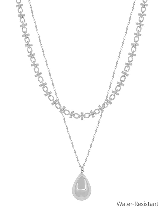 Water Resistant Layered Silver Chain with 20MM Beaded Teardrop Charm 16"-18" Necklace
