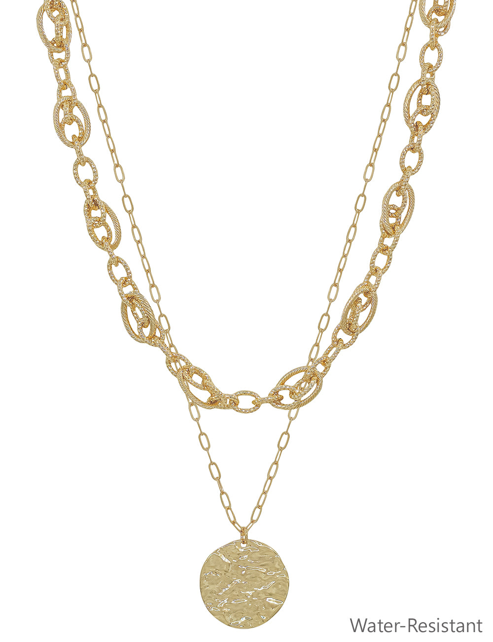 Water Resistant Layered Gold Chain with Hammered Coin 16"-18" Necklace