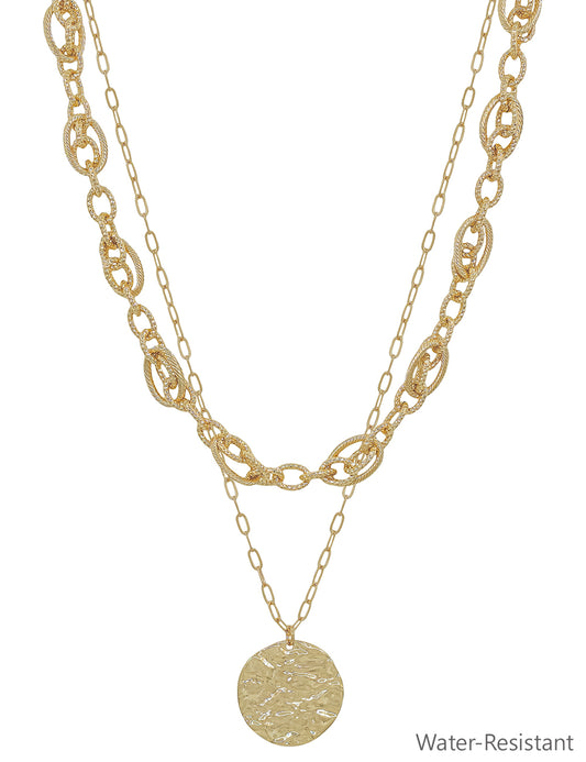 Water Resistant Layered Gold Chain with Hammered Coin 16"-18" Necklace