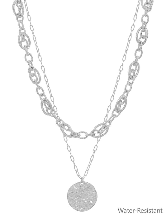 Water Resistant Layered Silver Chain with Hammered Coin 16"-18" Necklace