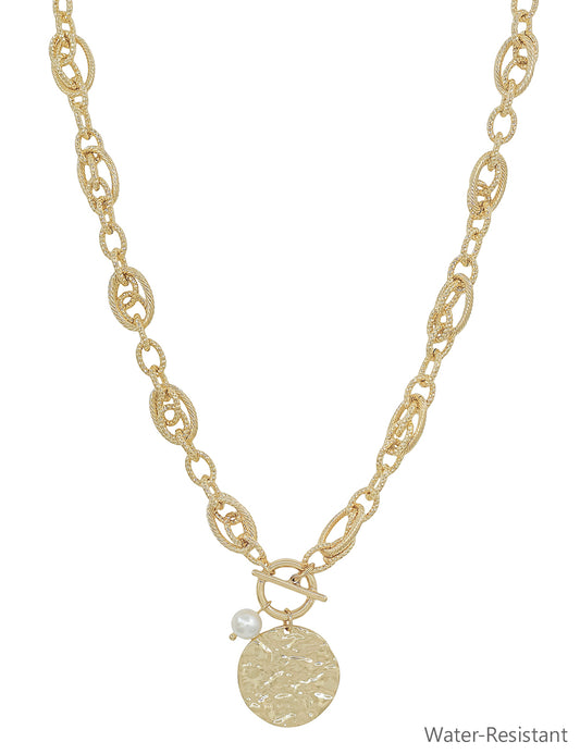 Water Resistant Gold Chain with Hammered Coin and Pearl 16"-18" Necklace