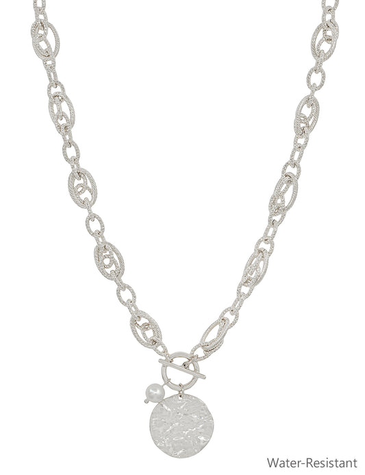 Water Resistant Silver Chain with Hammered Coin and Pearl 16"-18" Necklace