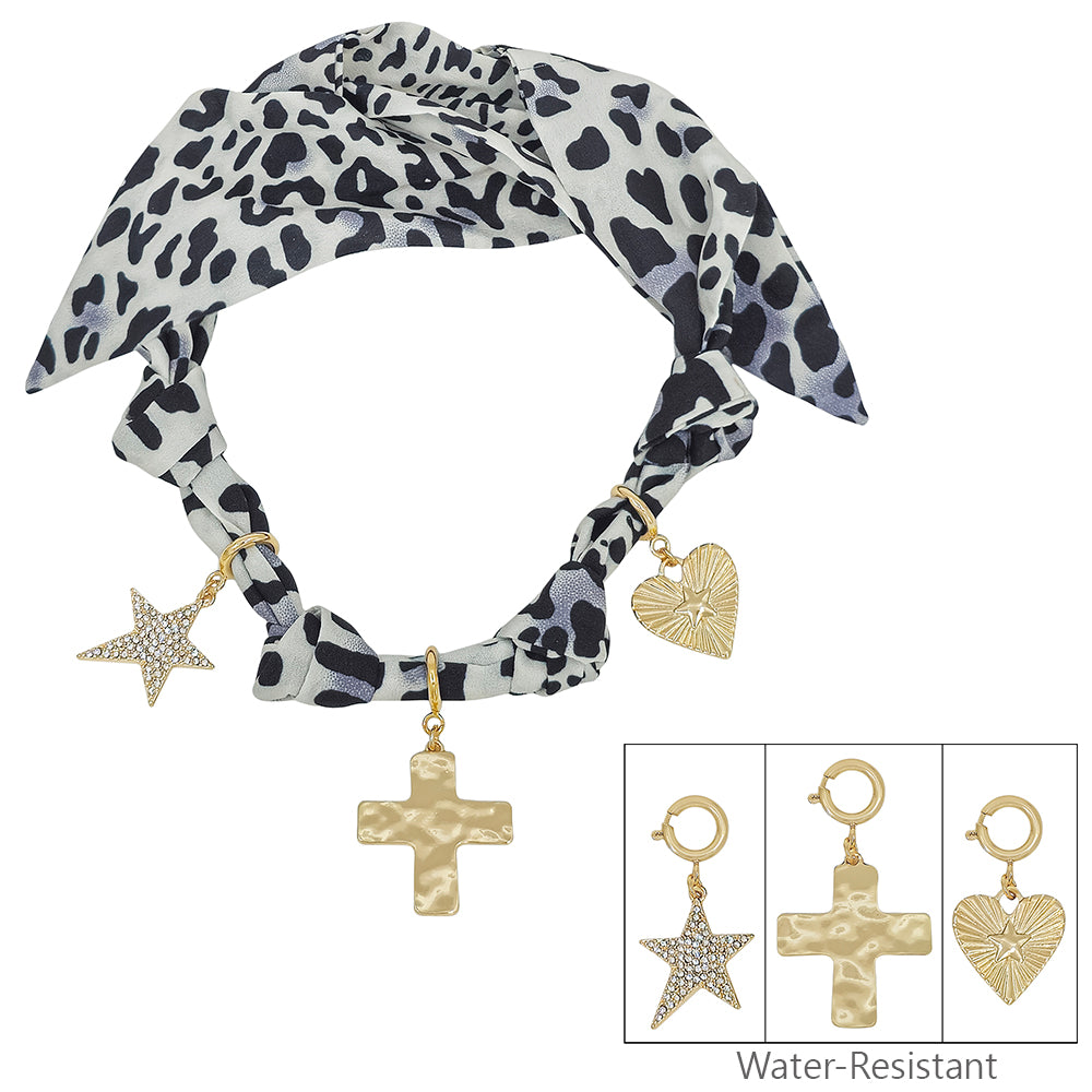 White and Black Cheetah Print Scarf Necklace with Heart, Cross, and Star Charms