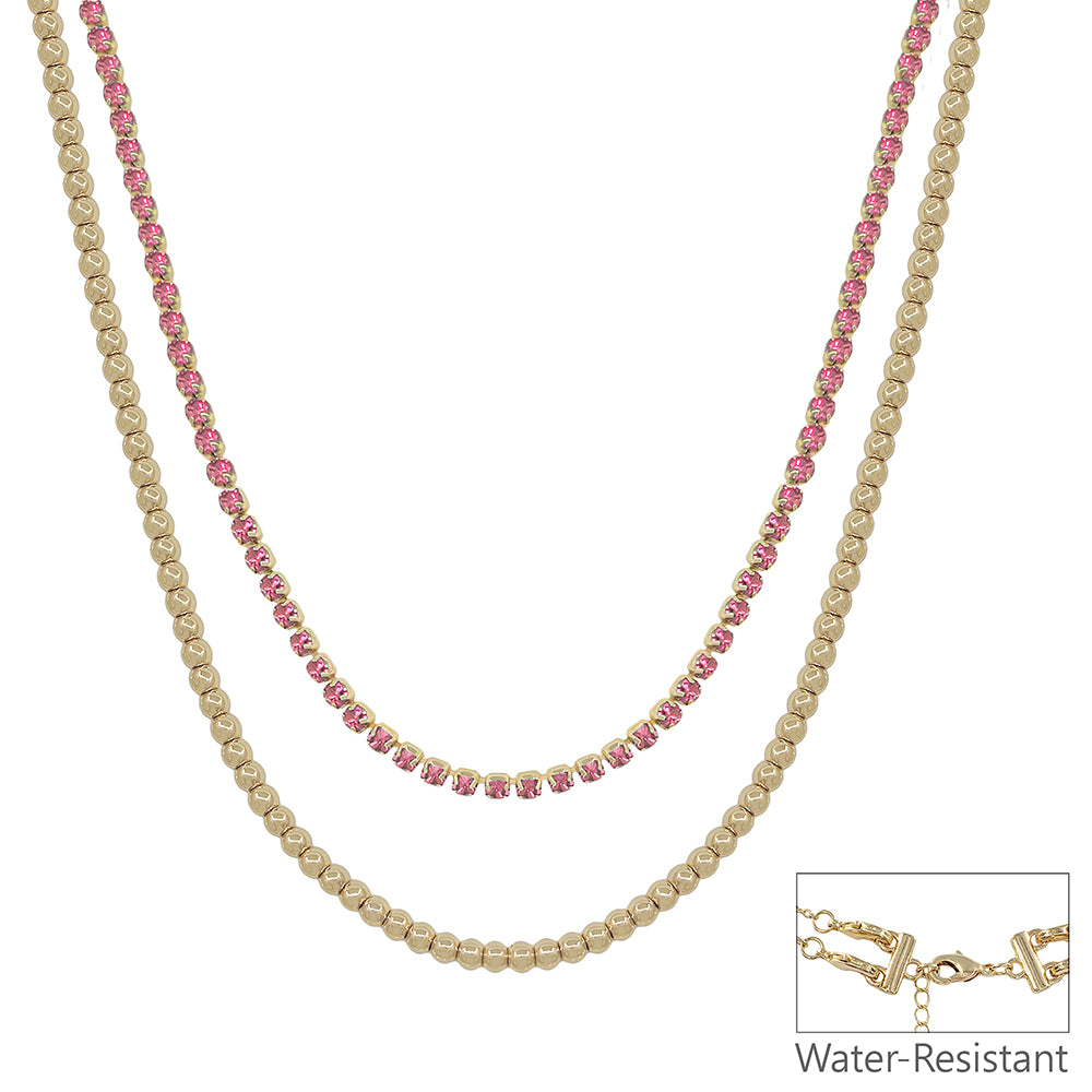 Water Resistant Rose Rhinestone and Gold Beaded 16"-18" Necklace