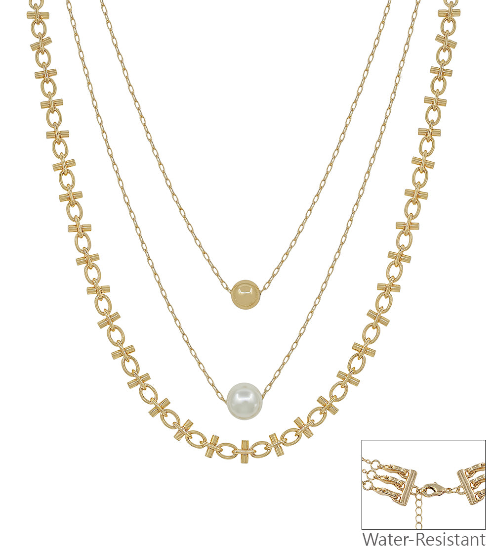 Water Resistant 4MM Gold and Pearl Triple Layered 16"-18" Necklace