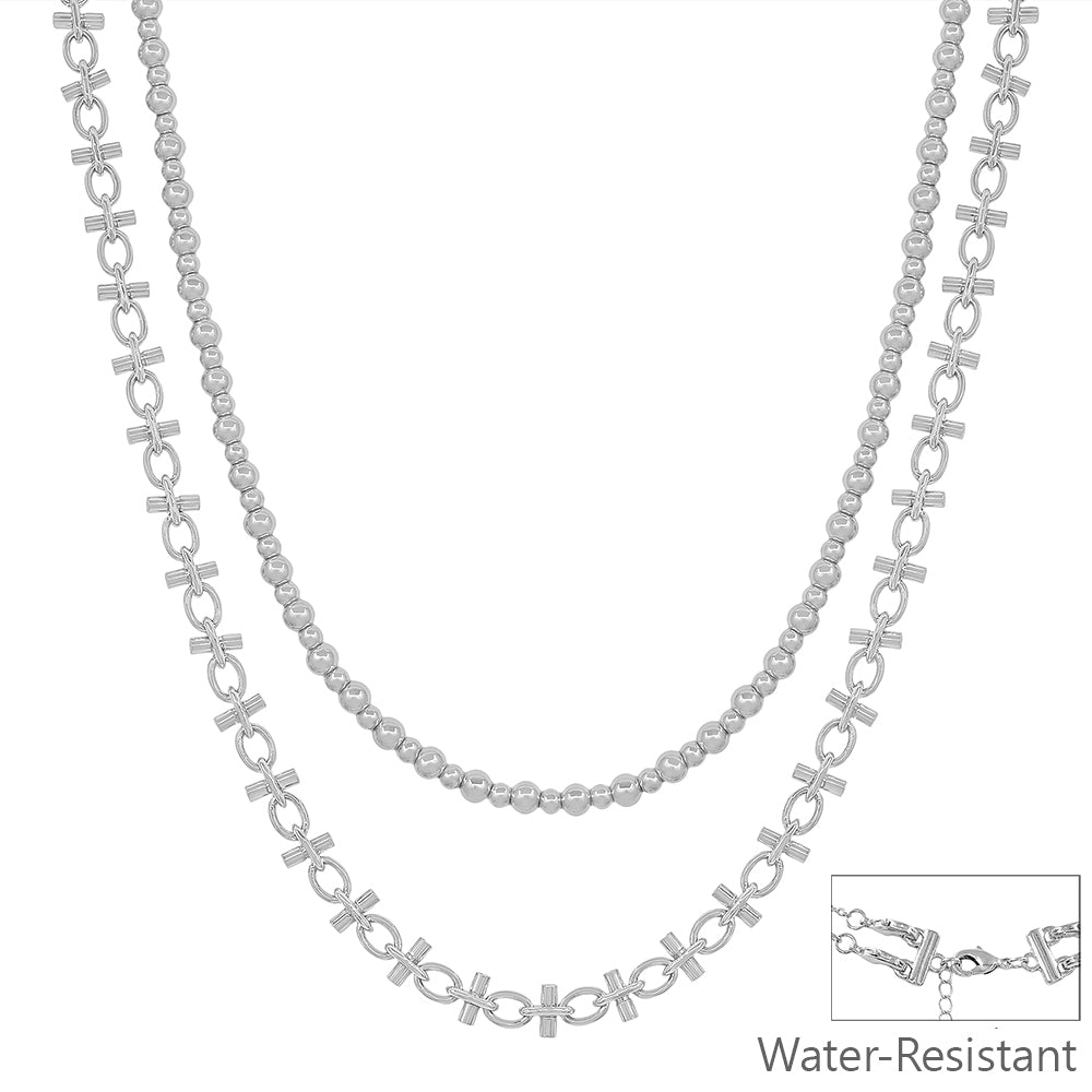 Water Resistant Double Layered Silver Beaded and Chain Multi Way 16"-18" Necklace